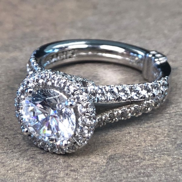 14K White Gold Split Shank Round Halo Engagement Ring